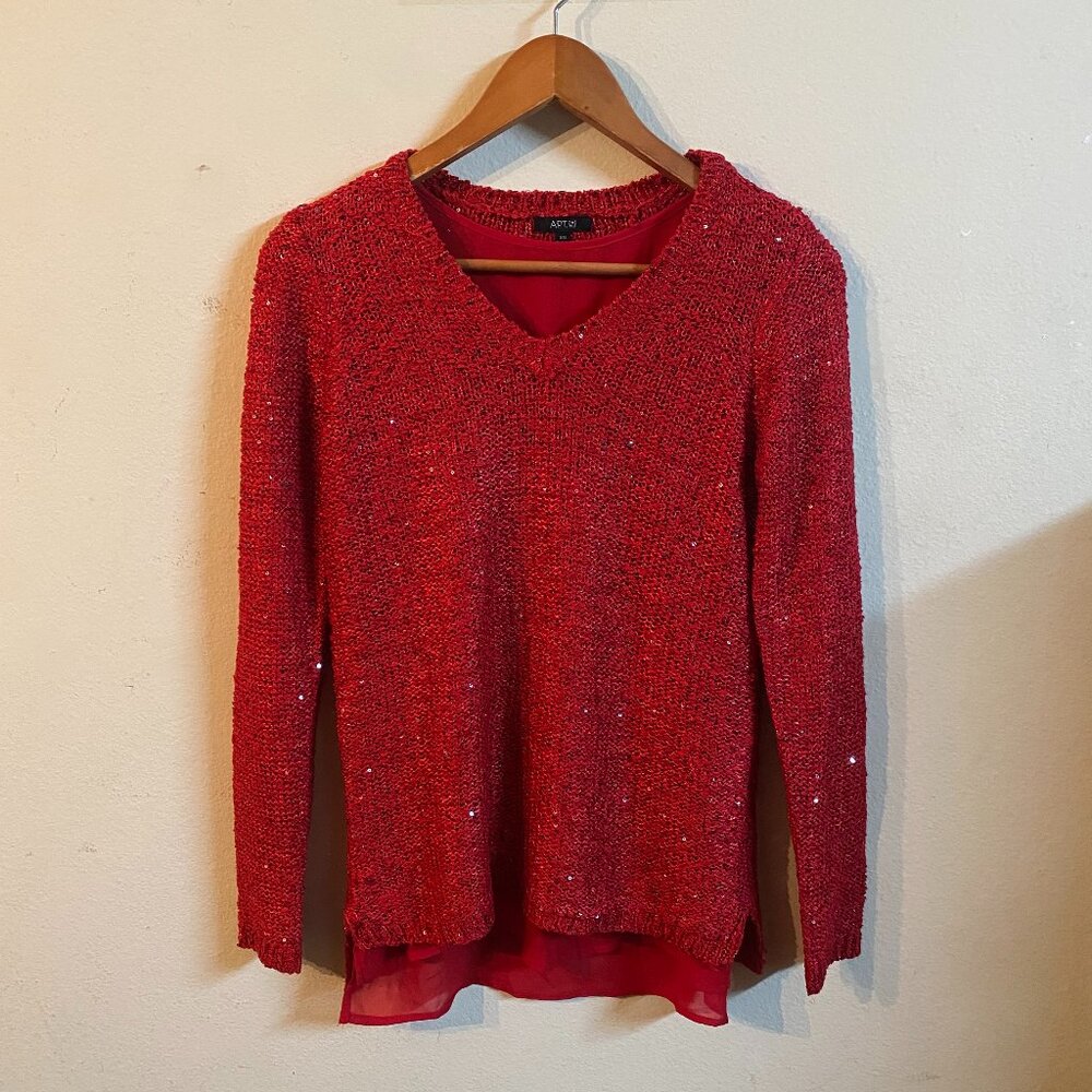 APT. 9 XS RED WOMEN'S SEQUIN V-NECK HOLIDAY PULLOVER SWEATER